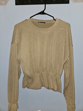 Zara Ribbed Peplum Sweatshirt - Taupe Green